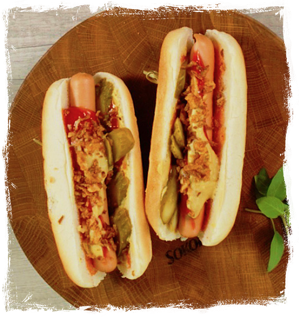 HOMEMADE HOT DOGS WITH FRIED ONIONS