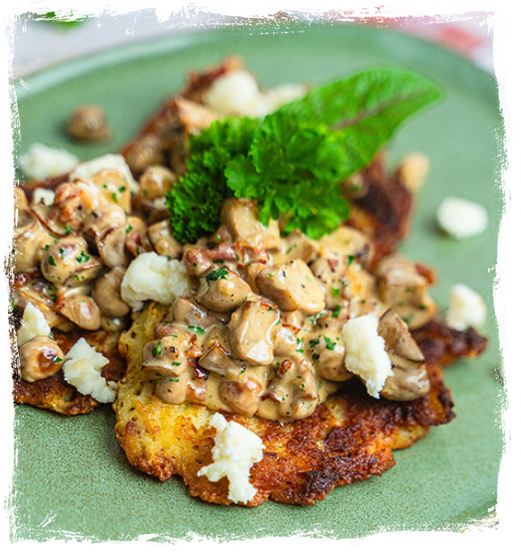 POTATO PANCAKES WITH BACON, MUSHROOMS AND BRYNDZA