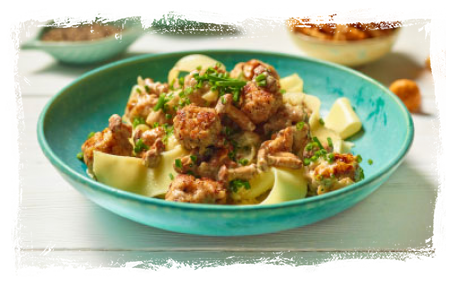 VEAL MEATBALLS IN CHANTERELLE SAUCE WITH PAPARDELLE PASTA