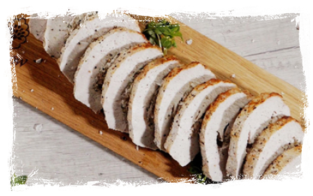 PORK LOIN WITH MEAT, CURD CHEESE AND OYSTER MUSHROOM STUFFING